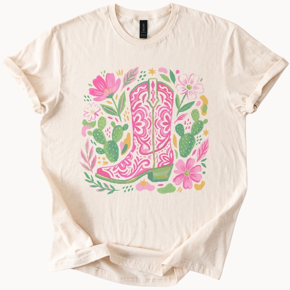Ornate Cowboy Boot Graphic Tee with Floral Folk Art Design